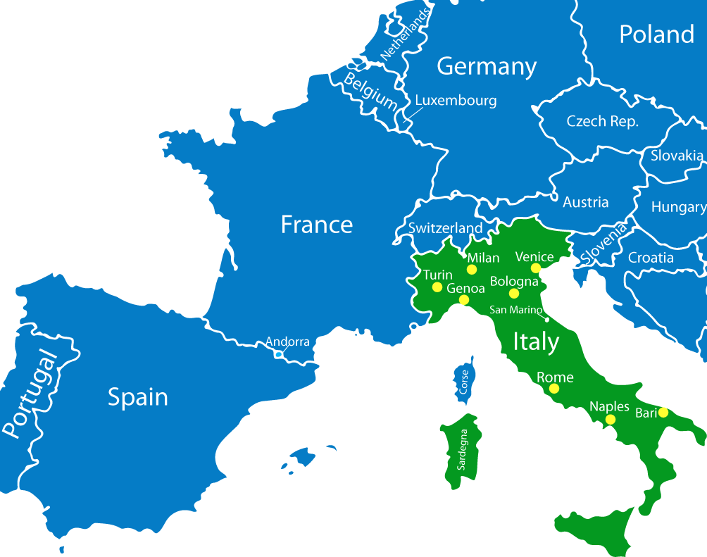 Map of our taxi and private transfers area of operation between France and Italy