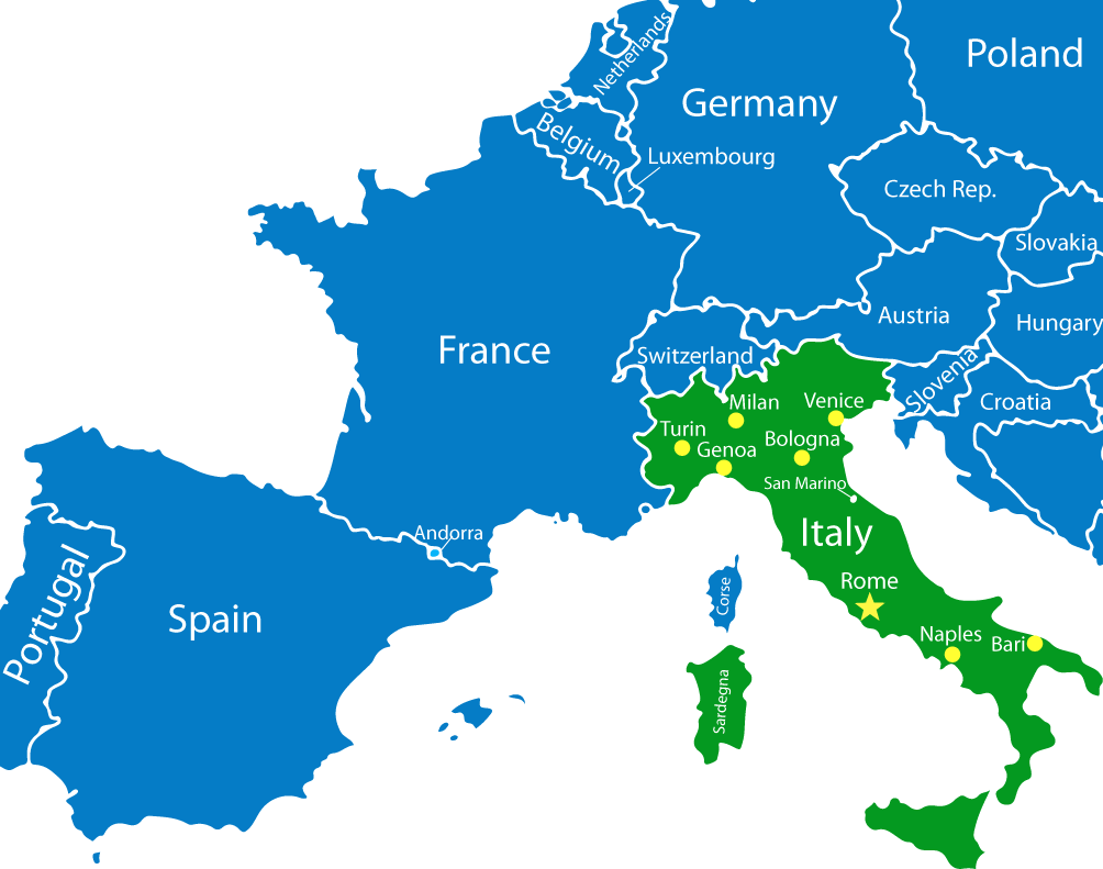 Map of our area of operation private transfers and taxi from Paris to Rome Italy