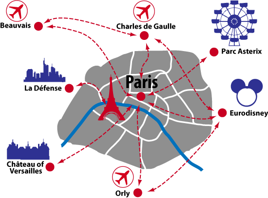 A map of our transfers from Beauvais airport to Paris